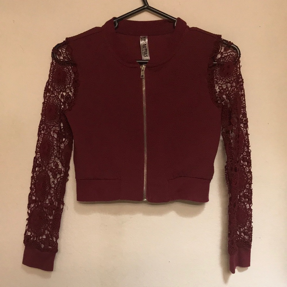 Red cropped jacket with laced sleeves size 12 kids